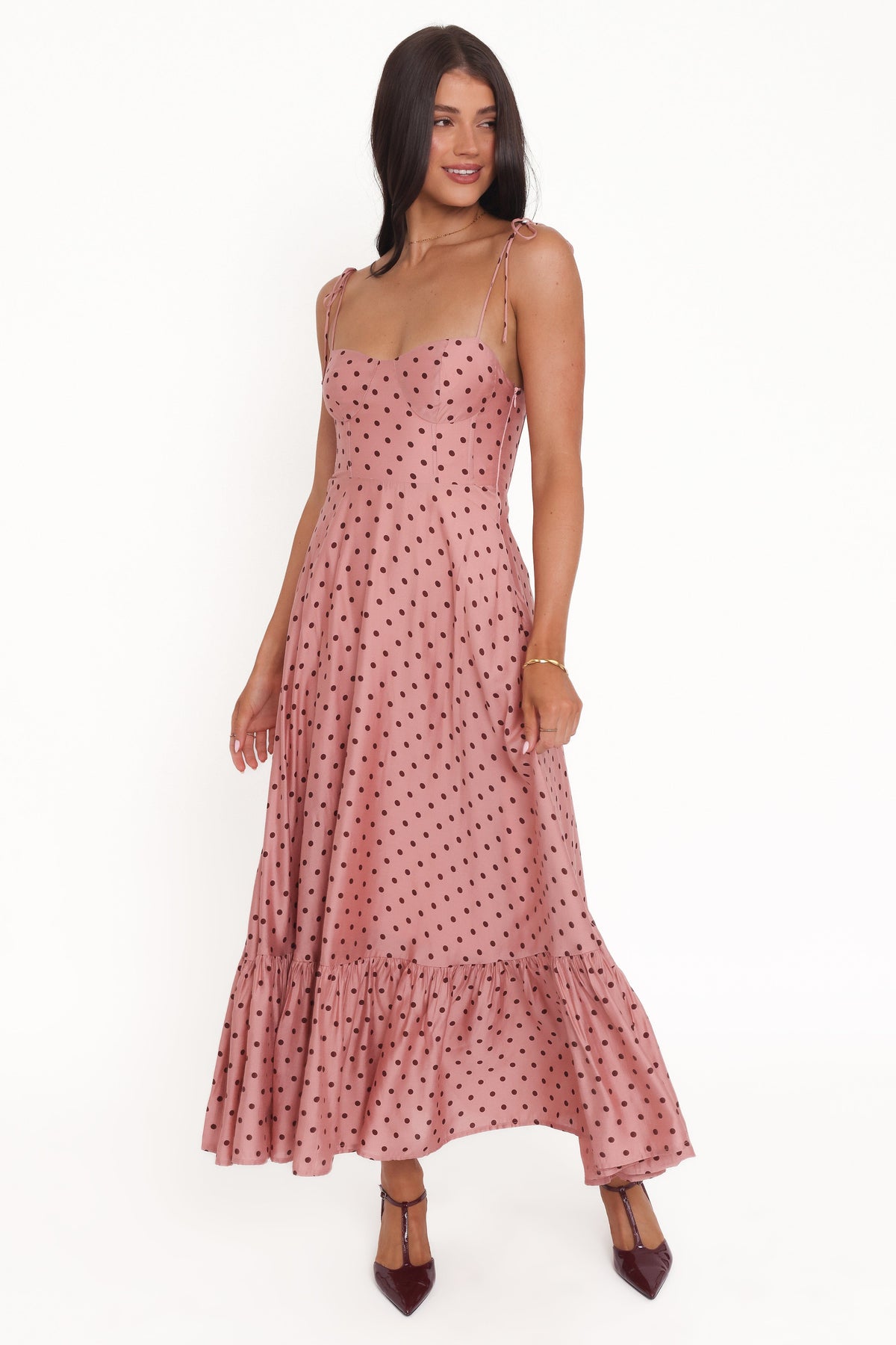 pink polka dot midi dress Pink Poise Dress M / Almond