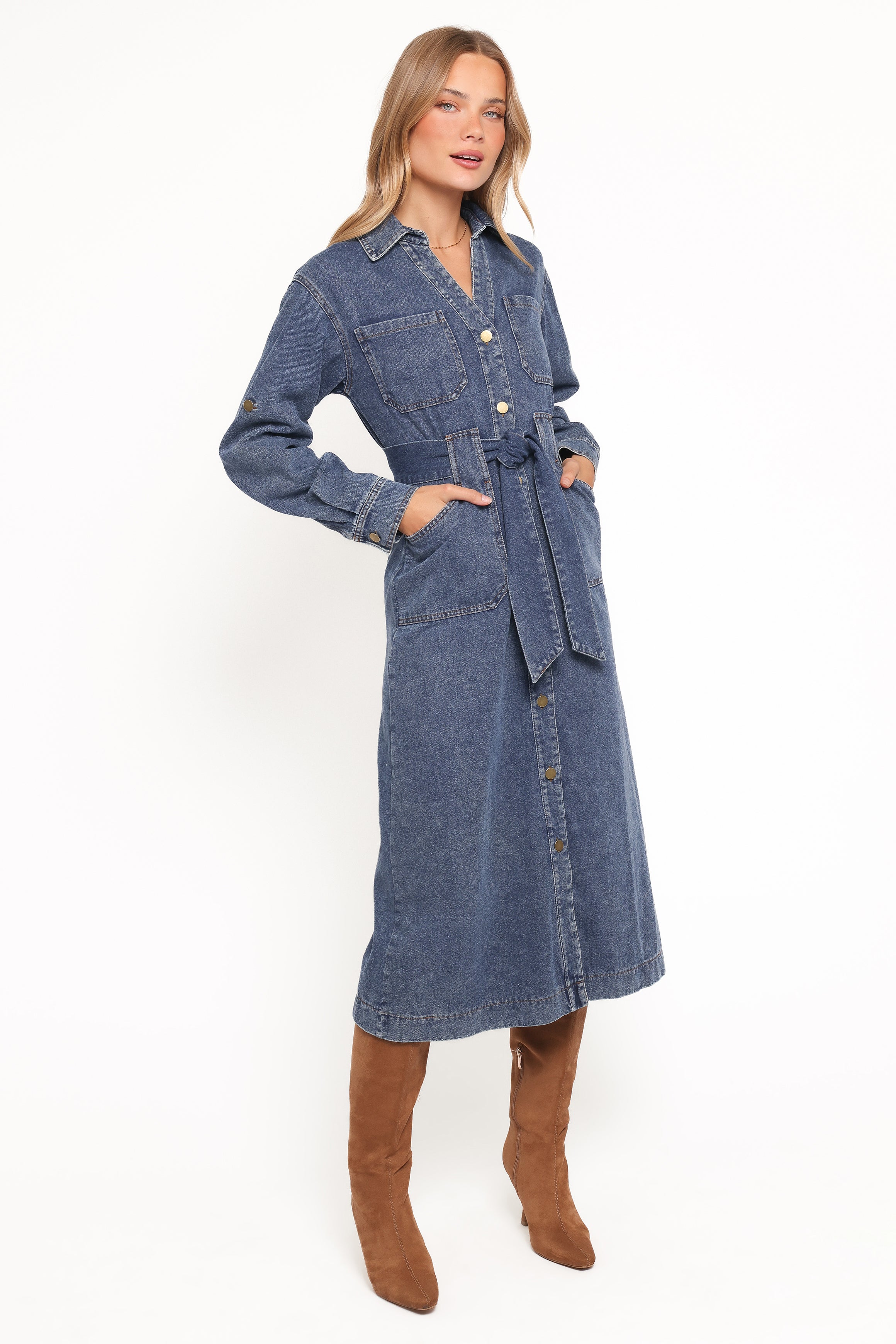 Petal and Pup USA DRESSES Ballina Long Sleeve Midi Dress - Blue Denim