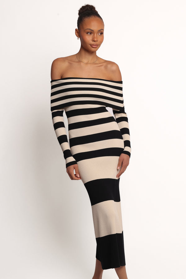 Petal and Pup USA DRESSES Banks Off Shoulder Knit Dress - Black Cream Stripe