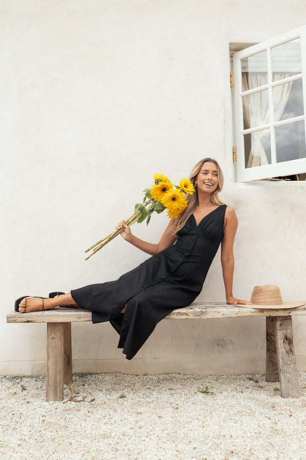 Petal and Pup USA DRESSES Barbara Midi Button Down Dress - Black (Hold for Rack)