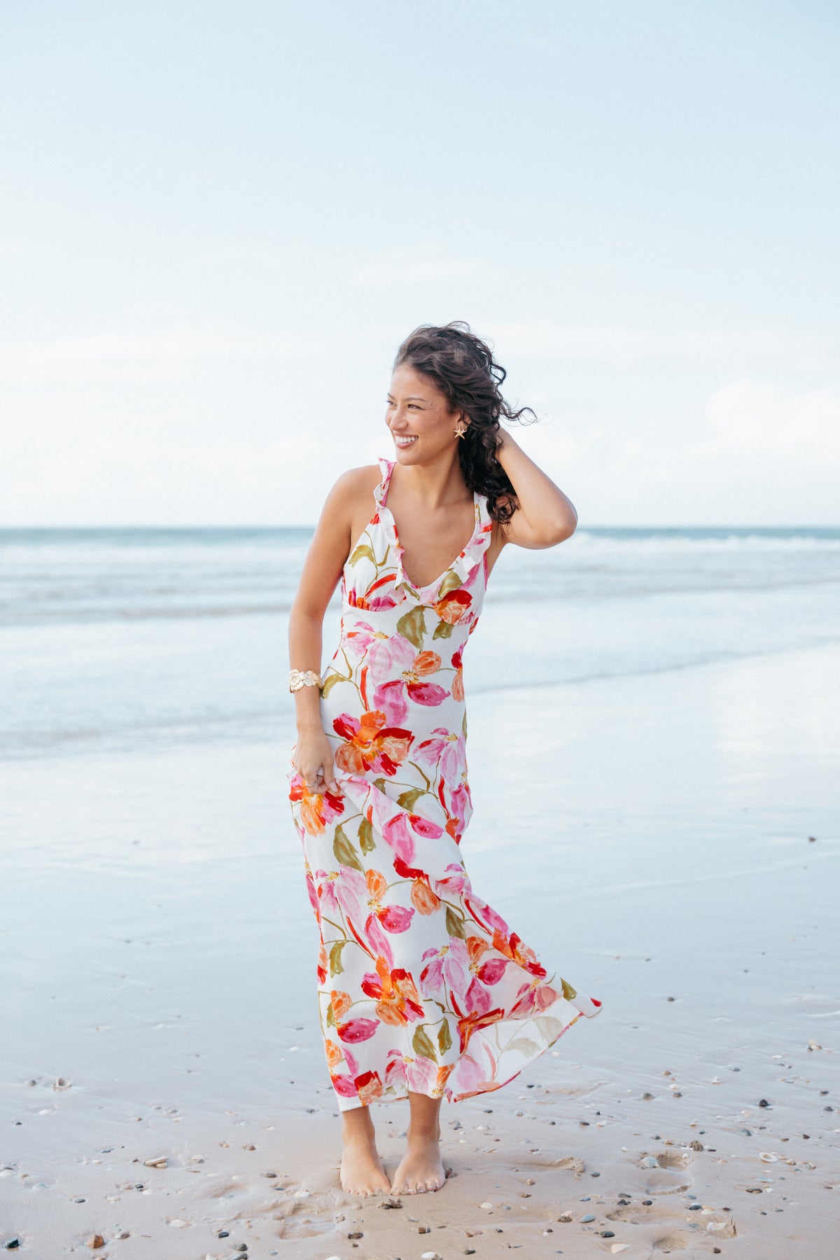 lace & beads ruffle midaxi dress in deep rose print Petal and Pup Women's Beckie Maxi Dress