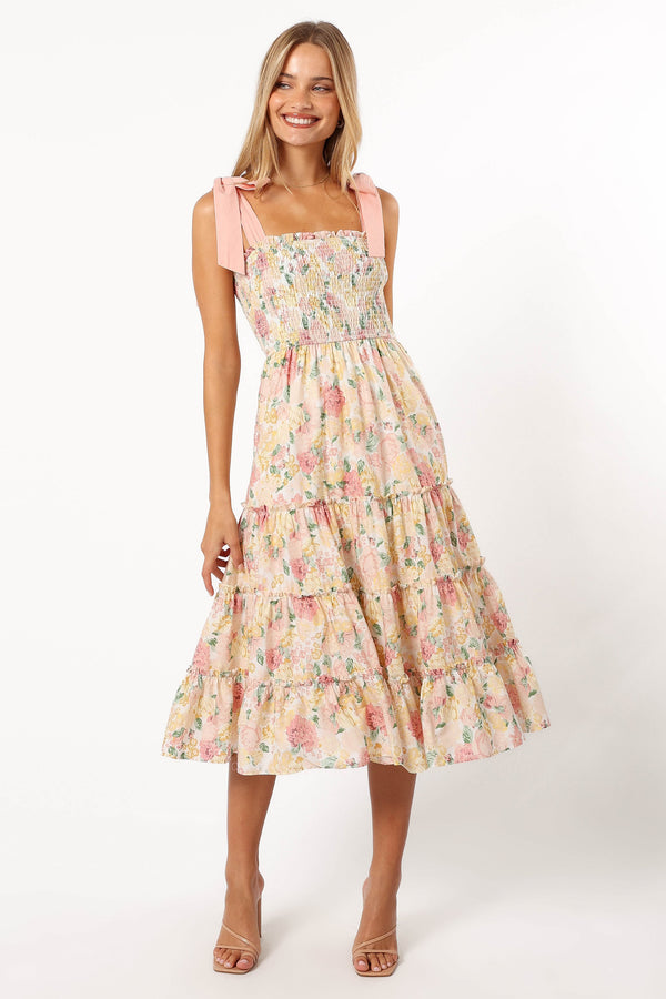 Petal and Pup USA DRESSES Bella Floral Ruffle Midi Dress - Pink/Yellow