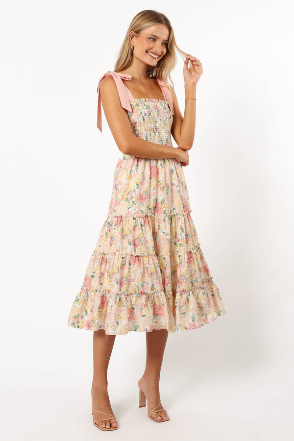 Petal and Pup USA DRESSES Bella Floral Ruffle Midi Dress - Pink/Yellow