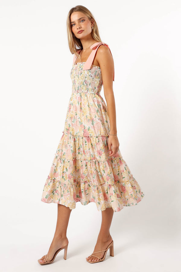 Petal and Pup USA DRESSES Bella Floral Ruffle Midi Dress - Pink/Yellow