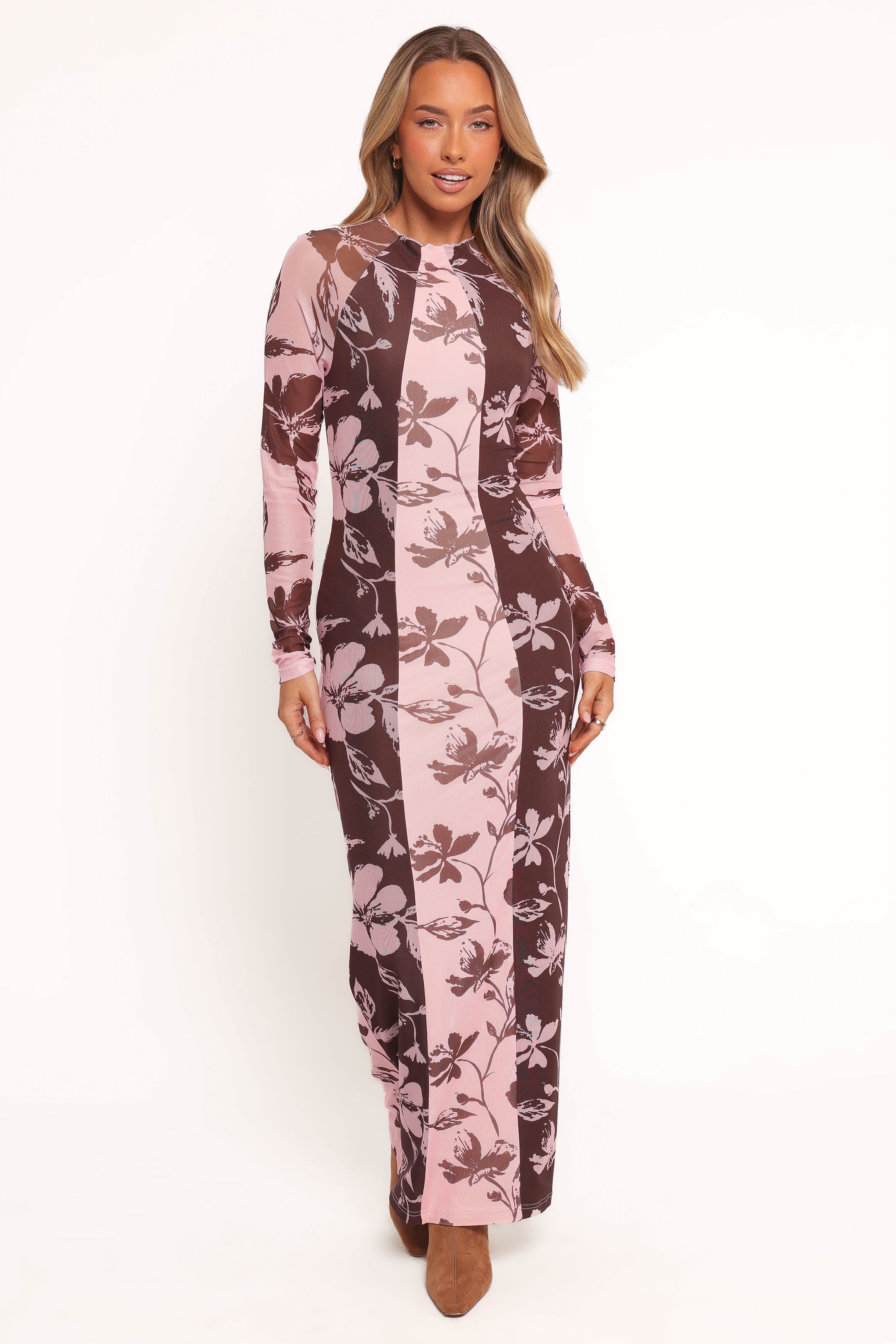 Petal and Pup USA DRESSES Bellatrix Spliced Maxi Dress - Pink Brown Floral