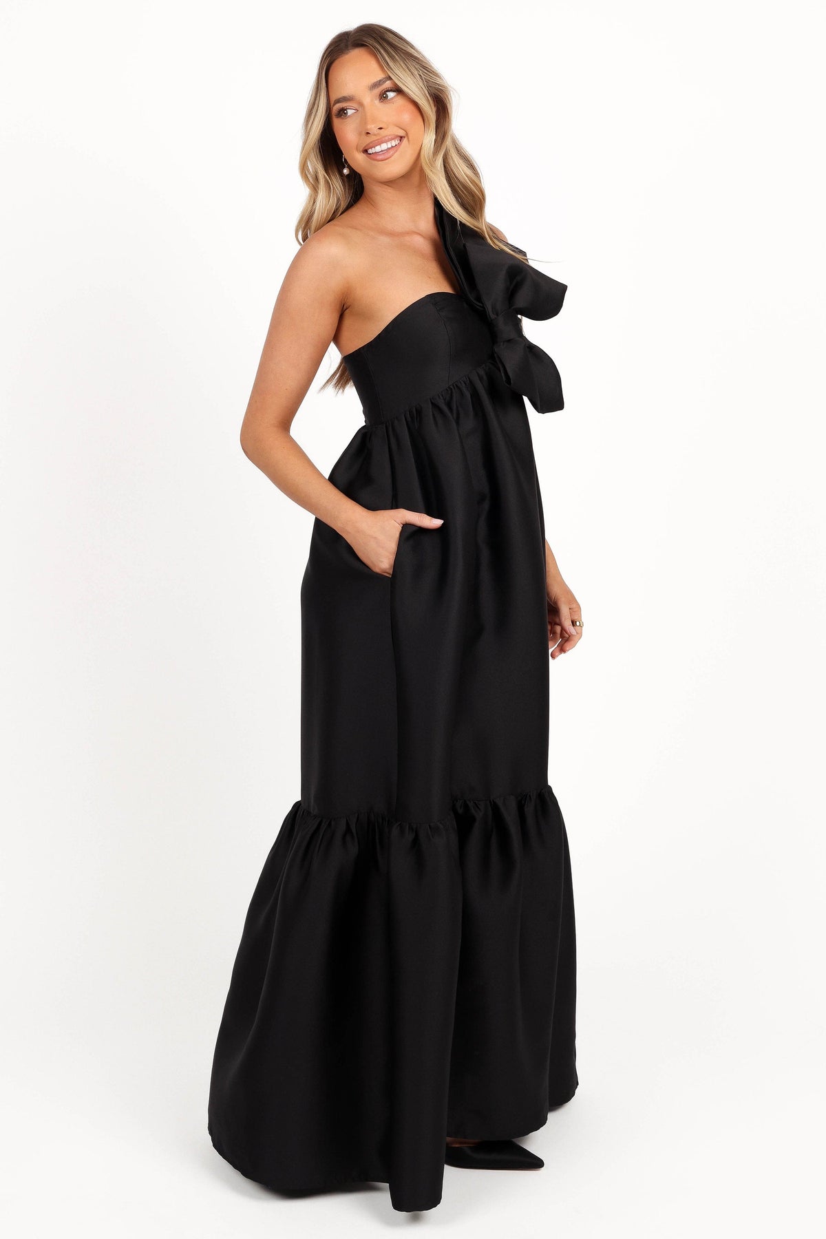 black dress with big bow Petal and Pup Women's Betina Bow Front Maxi Dress