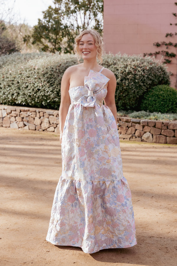 Petal and Pup USA DRESSES Betina Bow Front Maxi Dress - Pale Blue Floral