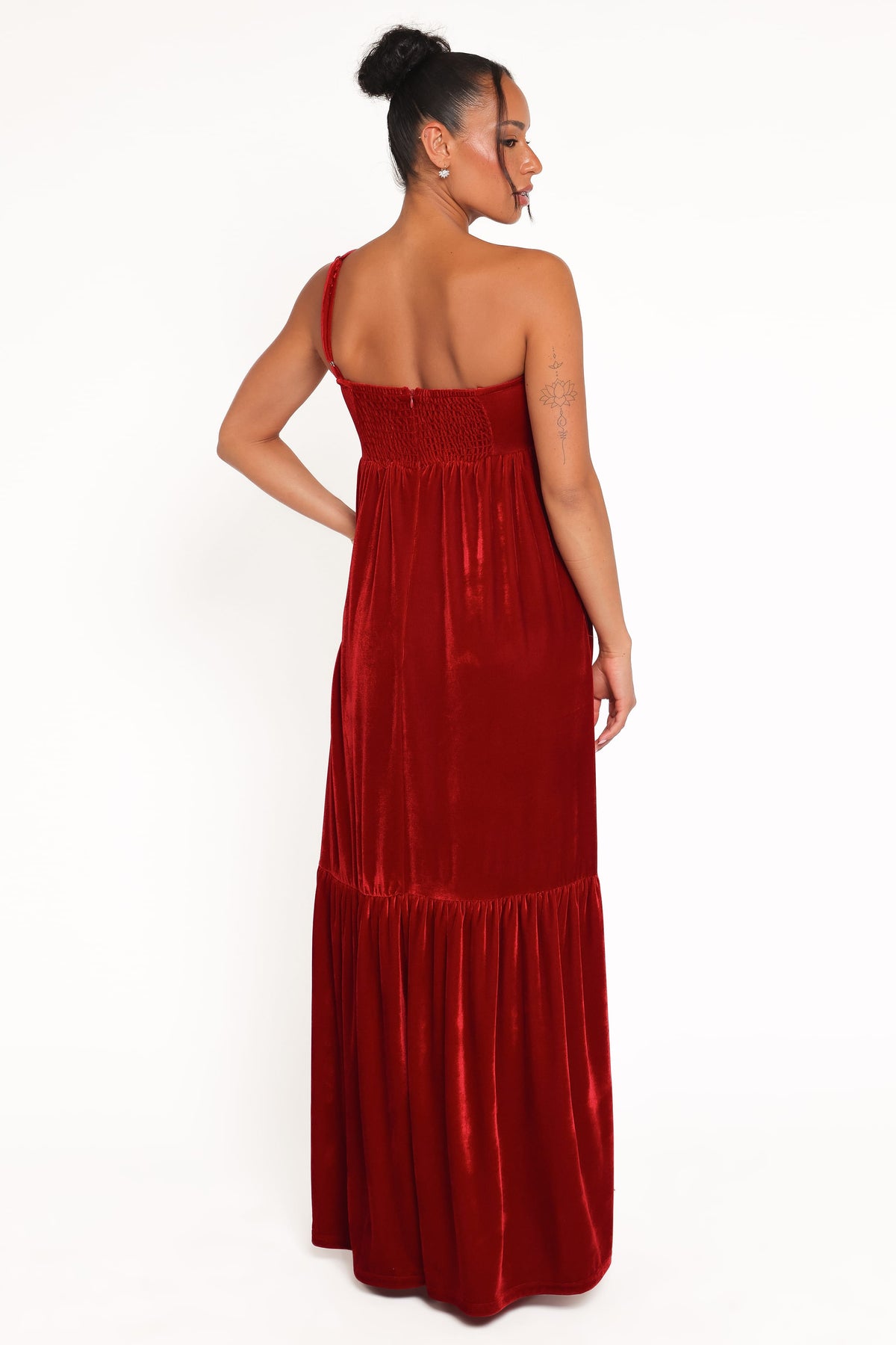 red velvet maxi dress Petal Pup Betina One Shoulder Bow Velvet Maxi Dress, Womens, S, Red Velvet