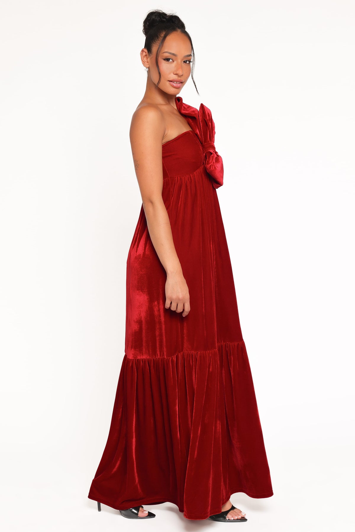Petal Pup Betina One Shoulder Bow Velvet Maxi Dress, Womens, S, Red Velvet