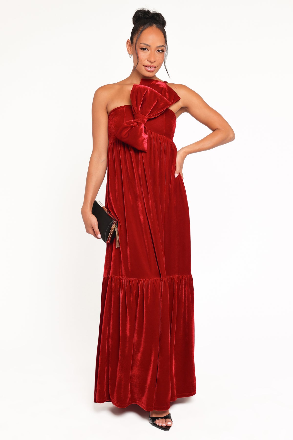 Petal Pup Betina One Shoulder Bow Velvet Maxi Dress, Womens, S, Red Velvet Petal Pup Betina One Shoulder Bow Velvet Maxi Dress, Womens, S, Red Velvet