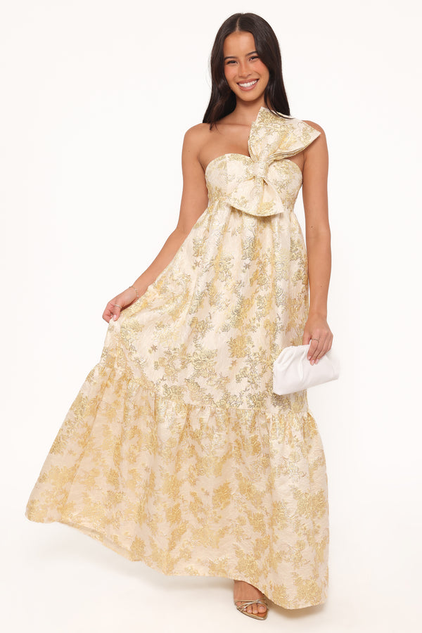 Petal and Pup USA DRESSES Betina Bow Front Maxi Dress - Yellow Brocade