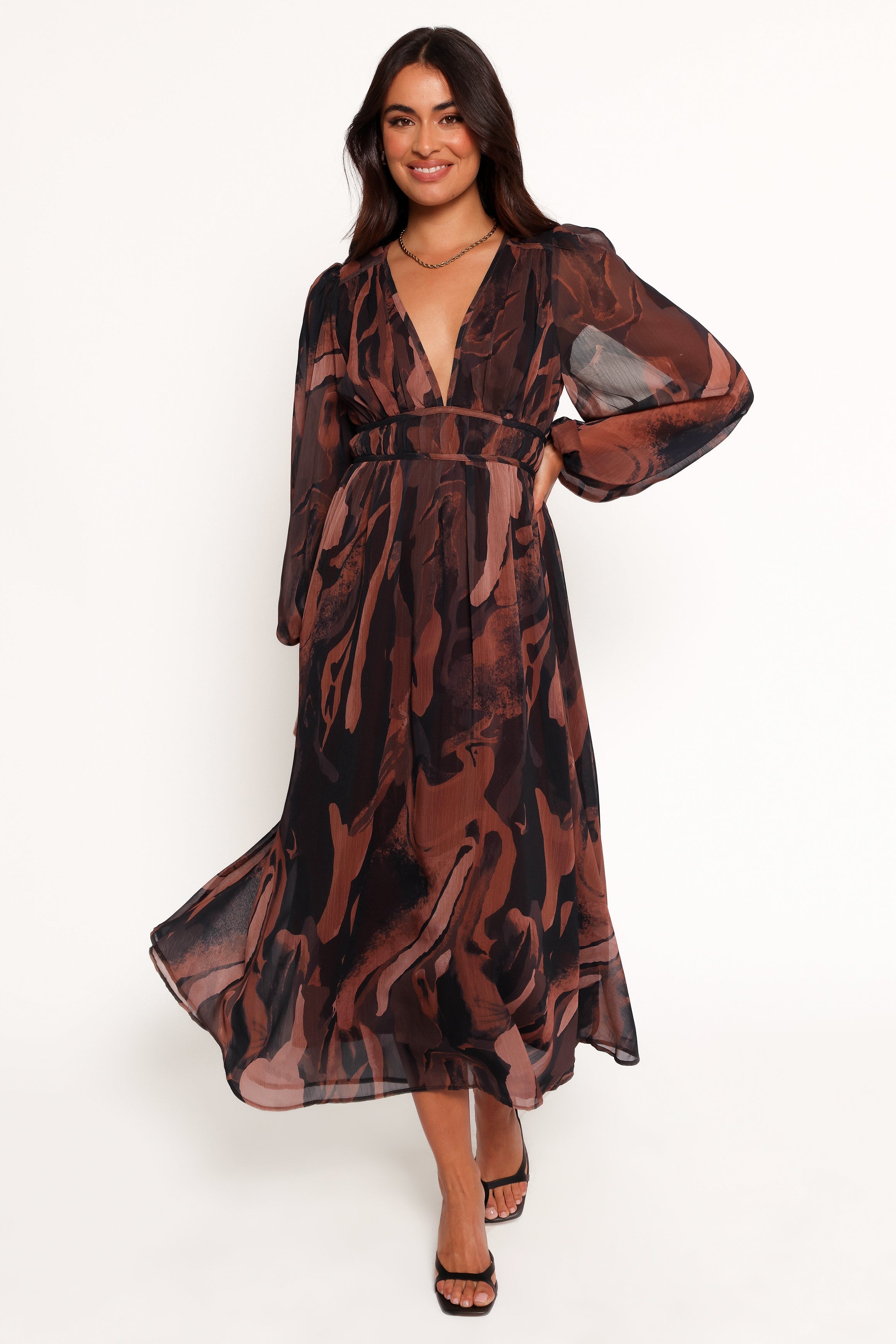 Petal and Pup USA DRESSES Blayze Long Sleeve Maxi Dress - Brown Print
