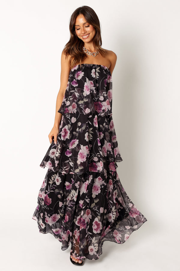 Petal and Pup USA DRESSES Bloom Strapless Maxi Dress - Black Floral