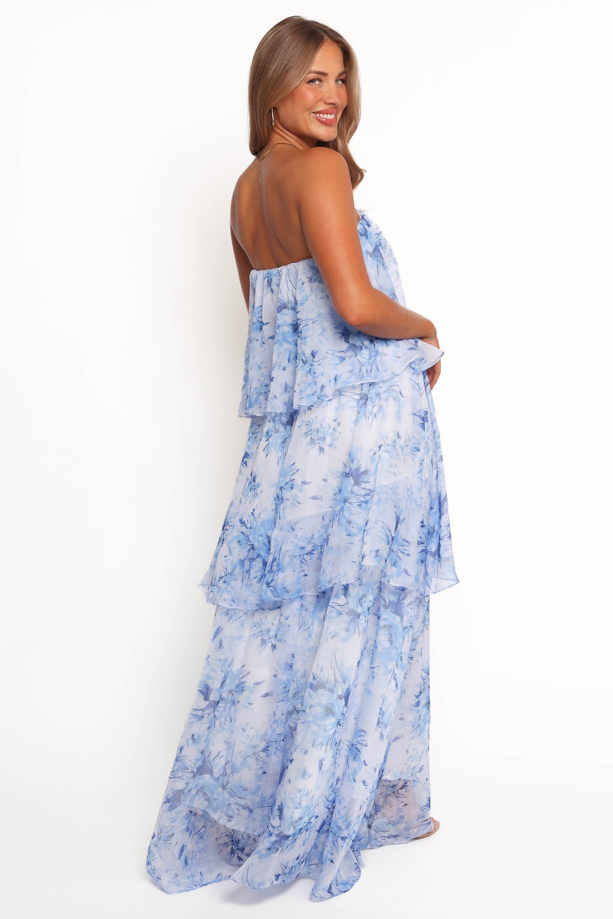 blissful glamour blue floral tiered off-the-shoulder maxi dress Petal and Pup Bloom Strapless Maxi Dress