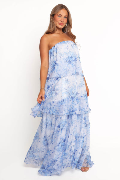 blue and white strapless maxi dress Bloom Strapless Maxi Dress - Blue