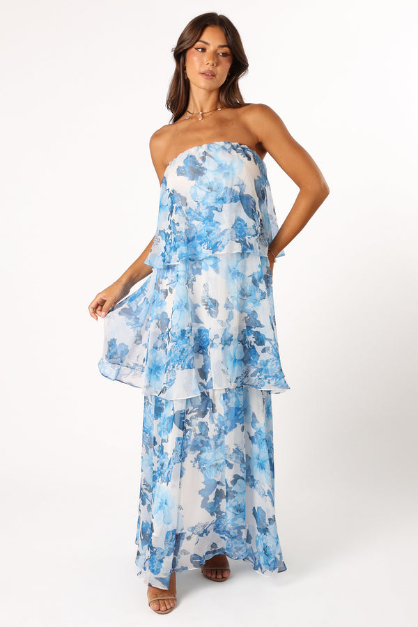 Petal and Pup USA DRESSES Bloom Strapless Maxi Dress - Blue White Floral