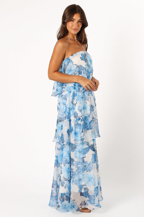 Petal and Pup USA DRESSES Bloom Strapless Maxi Dress - Blue White Floral