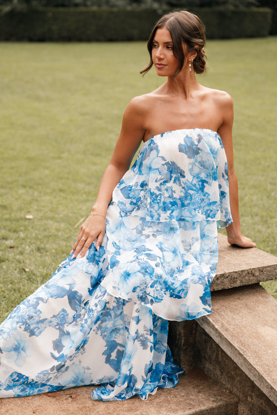 Wilma Sheer Hem Strapless Maxi Dress Flowers Blue