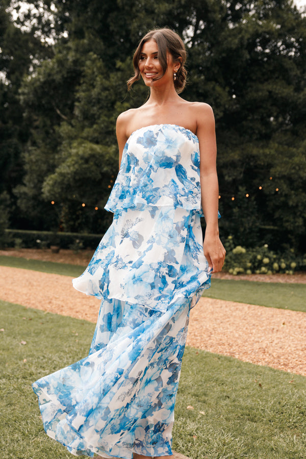 Petal and Pup USA DRESSES Bloom Strapless Maxi Dress - Blue White Floral