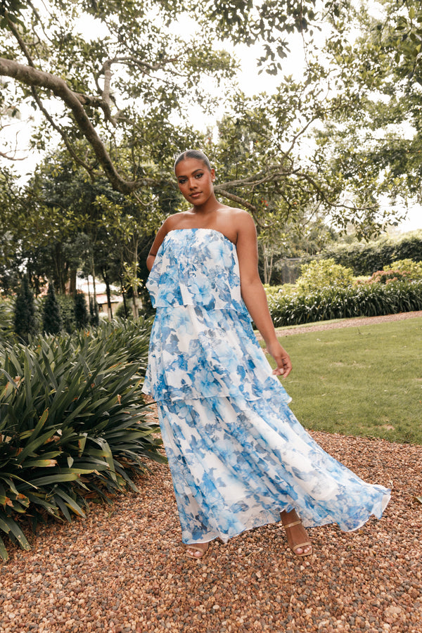 Petal and Pup USA DRESSES Bloom Strapless Maxi Dress - Blue White Floral