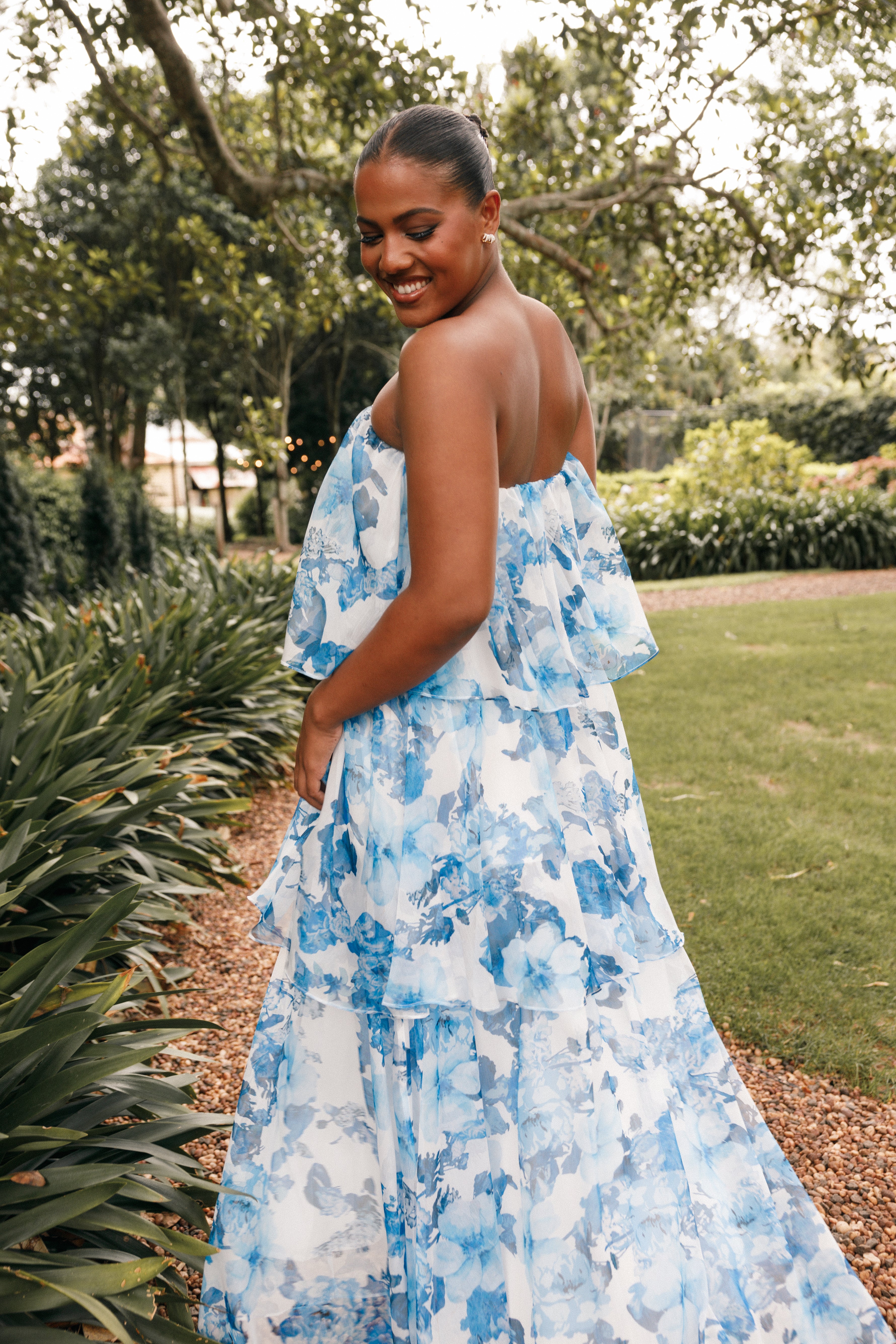 Bloom Strapless Maxi Dress Blue White Floral