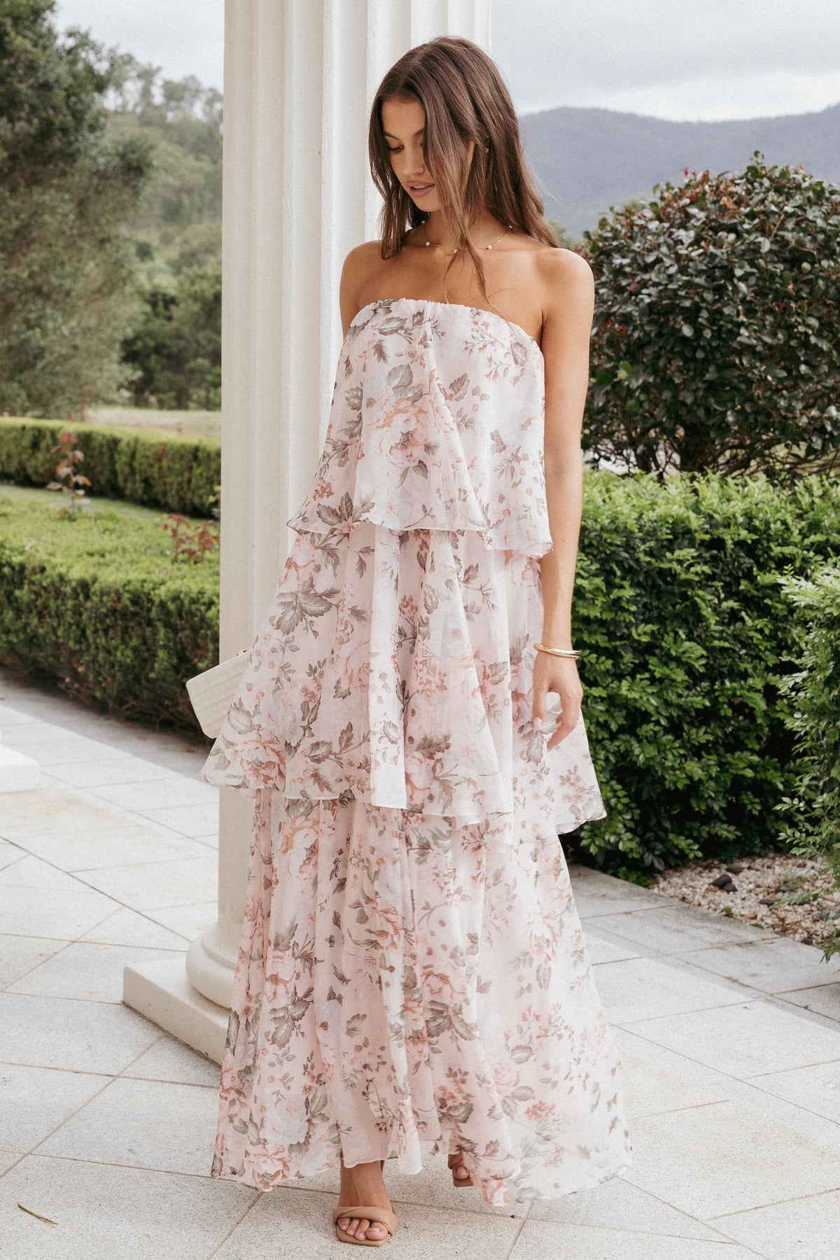 labelle strapless drop waist pink floral maxi dress floral pink dress LaBelle Strapless Drop Waist Pink Floral Maxi Dress - L Size