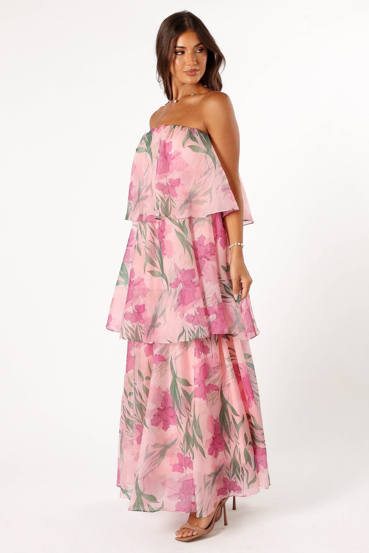 dulce embellished strapless ruffle maxi dress in soft pink Bloom Strapless Maxi Dress - Pink Floral