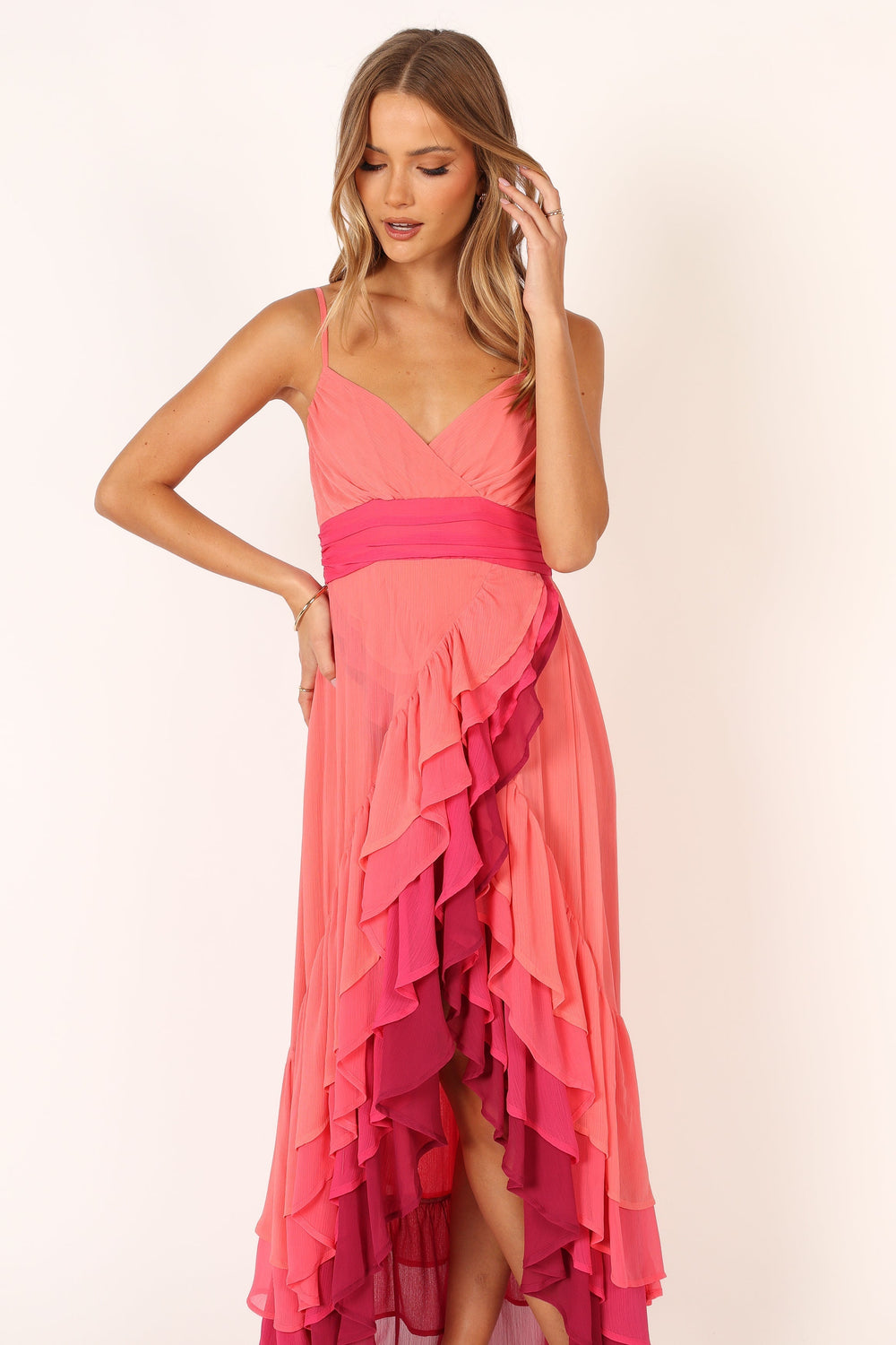 Petal and Pup USA DRESSES BomBon Tiered Maxi Dress - Coral Hot Pink