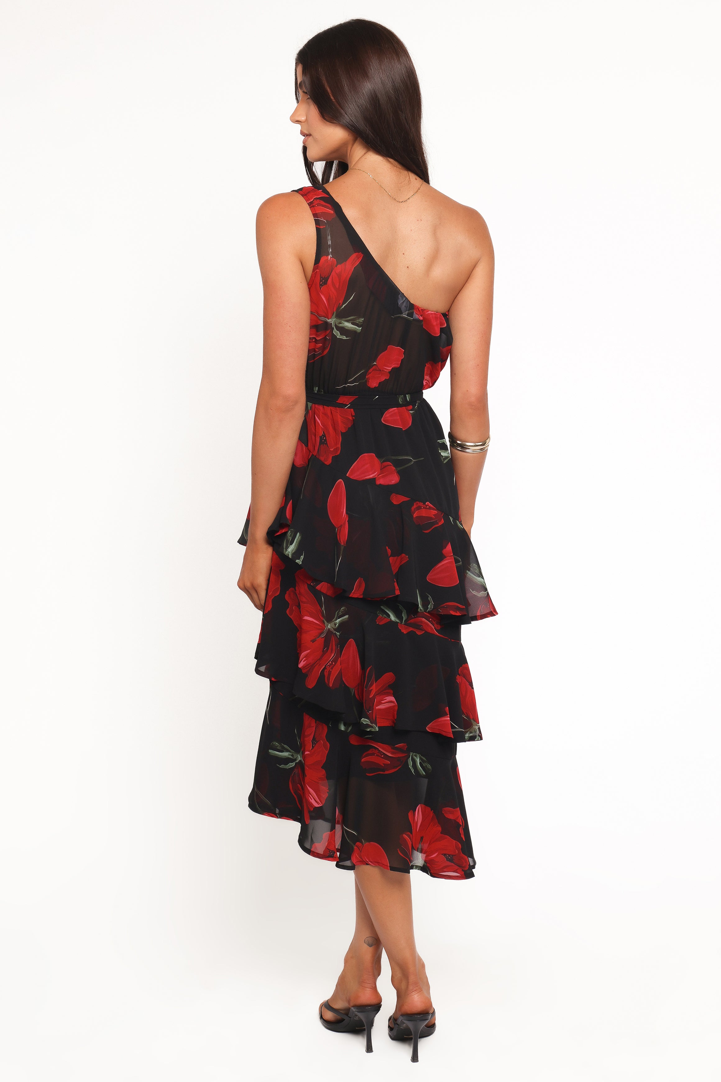 Petal and Pup USA DRESSES Brigette One Shoulder Tiered Midi Dress - Red Floral