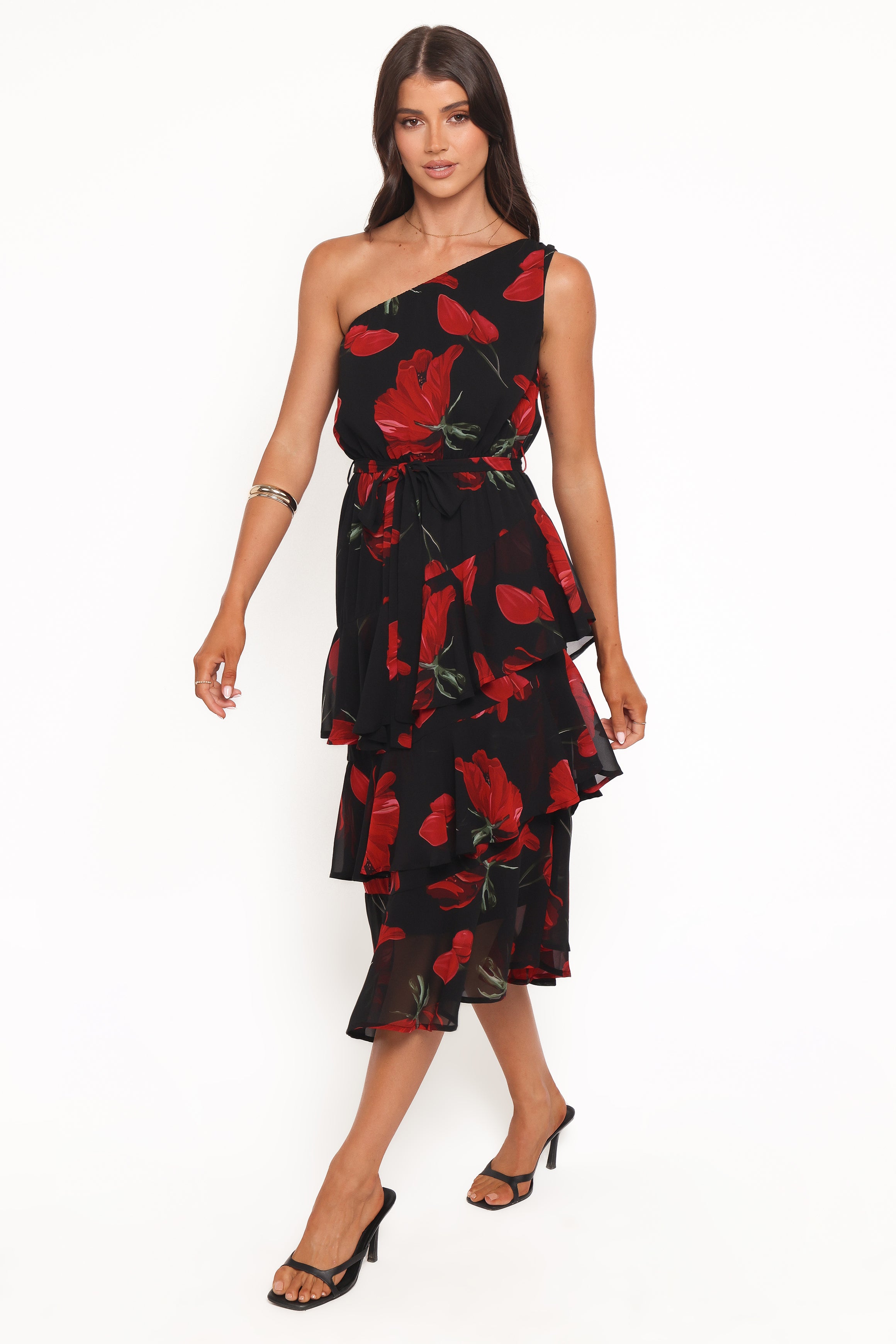 Petal and Pup USA DRESSES Brigette One Shoulder Tiered Midi Dress - Red Floral