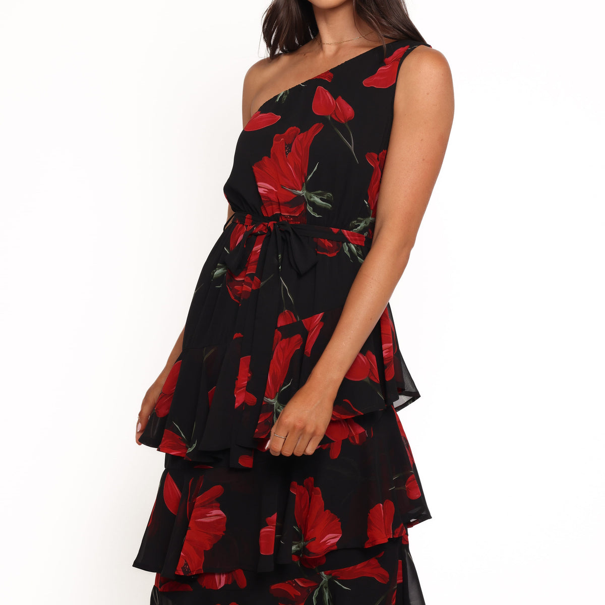 Petal and Pup Women's Brigette One Shoulder Tiered Midi Dress - Red Floral