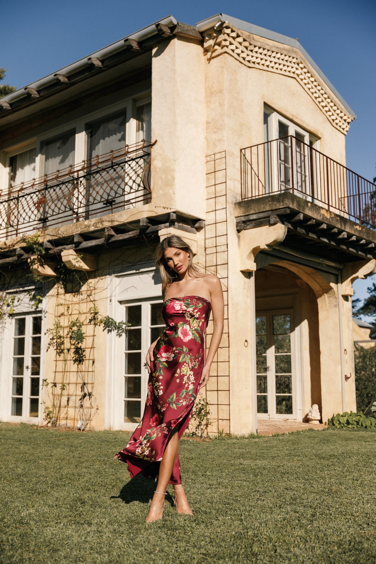 brown prom dresses 2023 Bryden Maxi Strapless Dress - Burgundy Floral