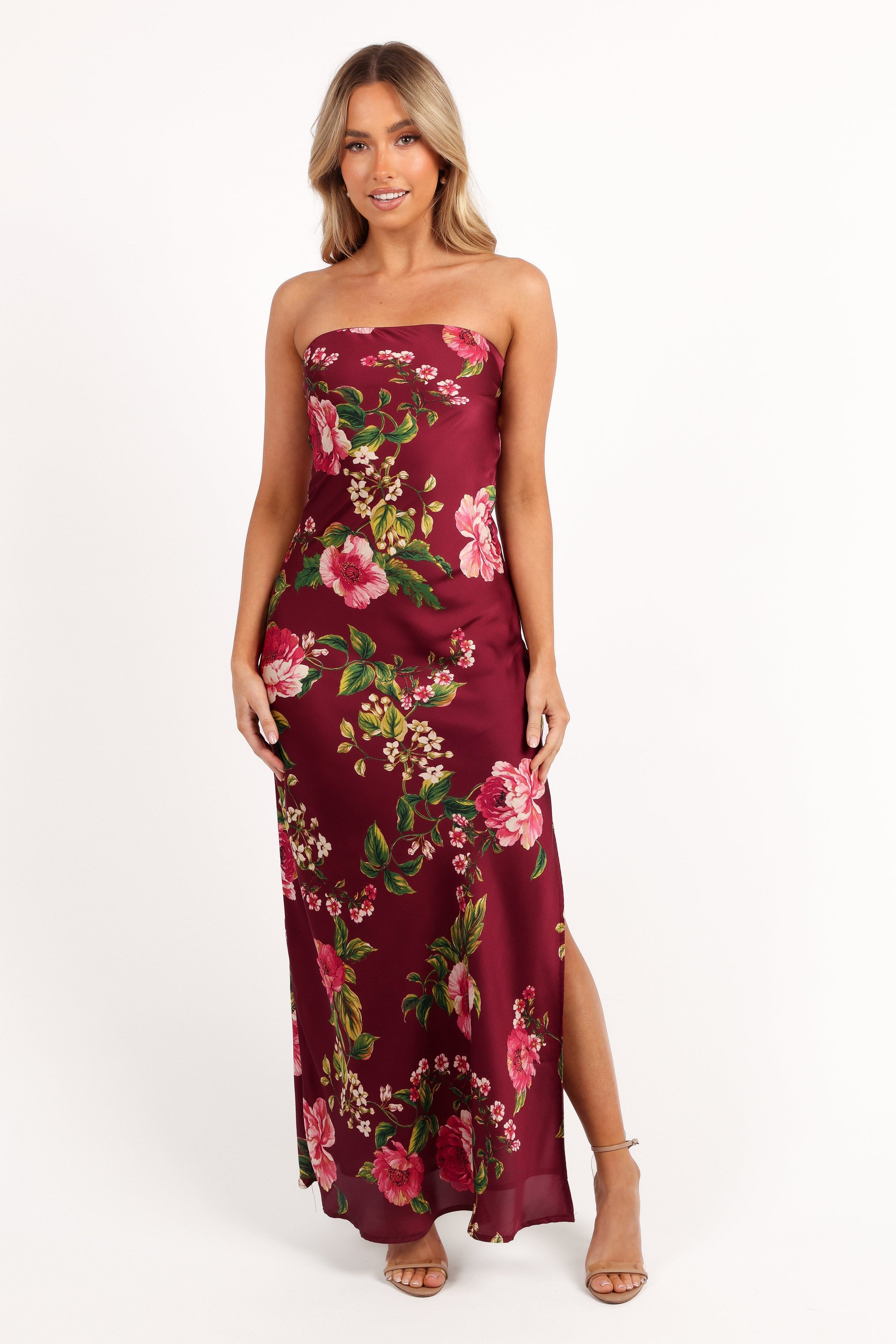 Petal and Pup USA DRESSES Bryden Maxi Strapless Dress - Burgundy Floral