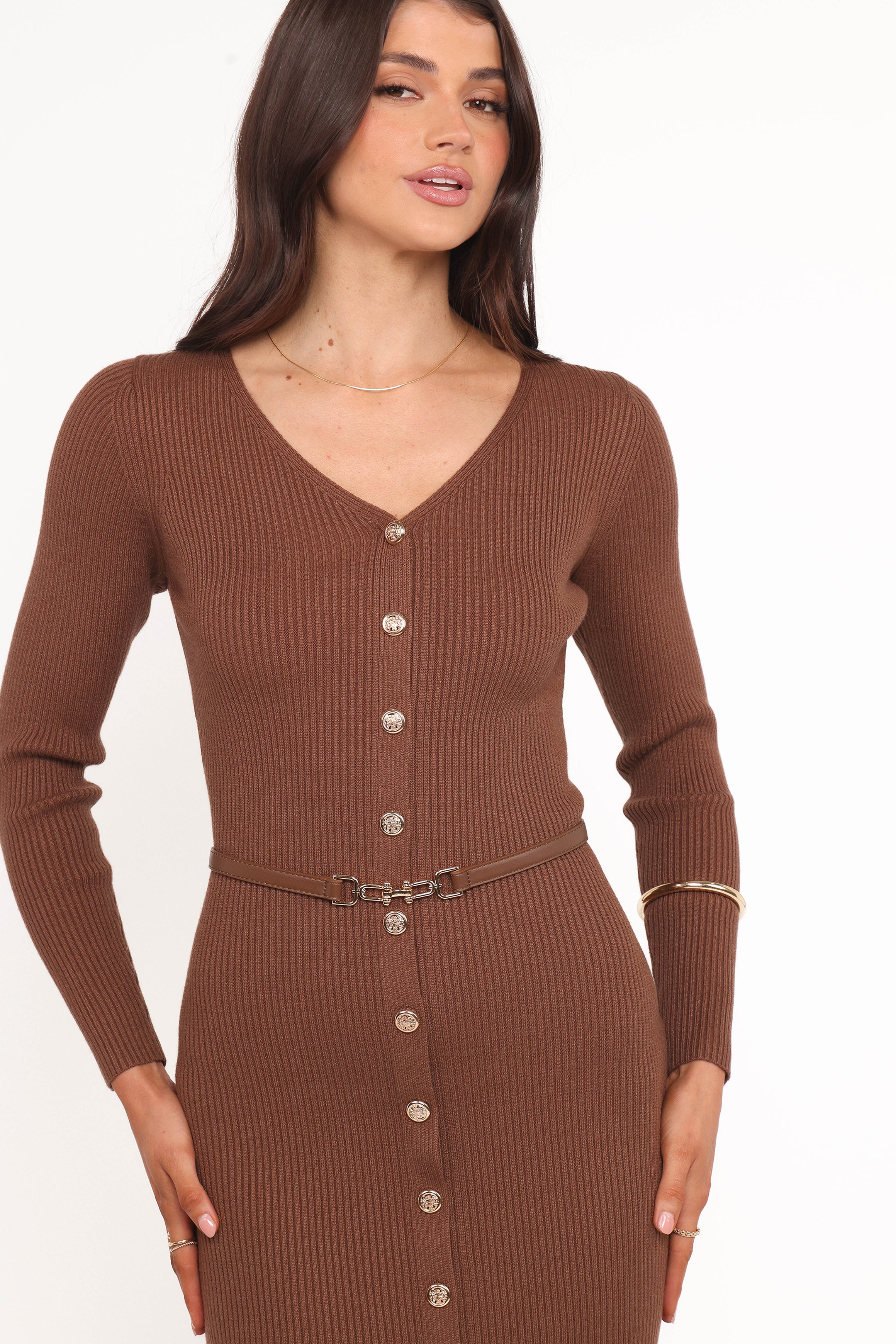 Petal and Pup USA DRESSES Brydie Long Sleeve Midi Dress - Chocolate Brown