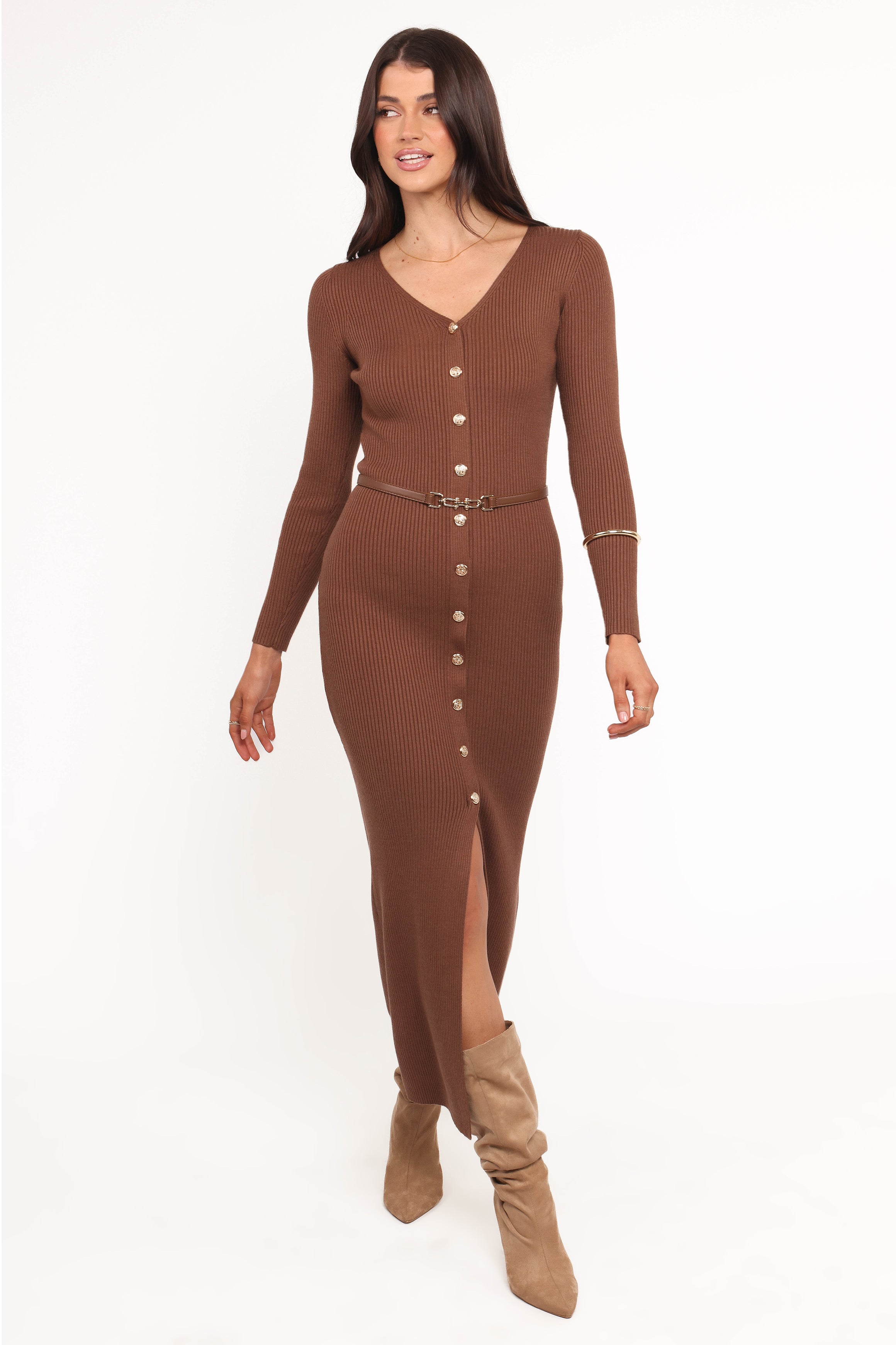 Petal and Pup USA DRESSES Brydie Long Sleeve Midi Dress - Chocolate Brown