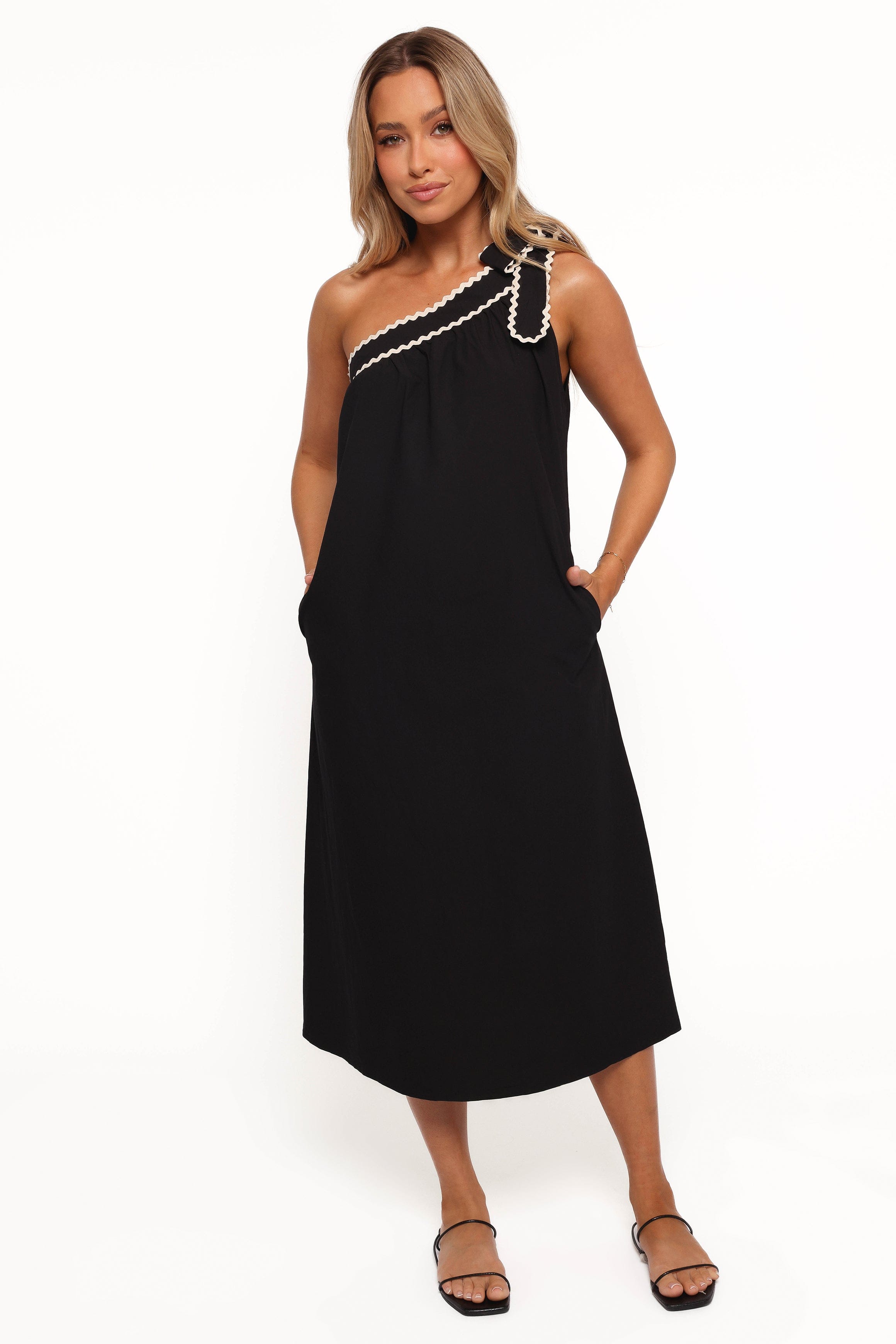 Petal and Pup USA DRESSES Brynlee One Shoulder Midi Dress - Black/Cream (Hold for Rack)