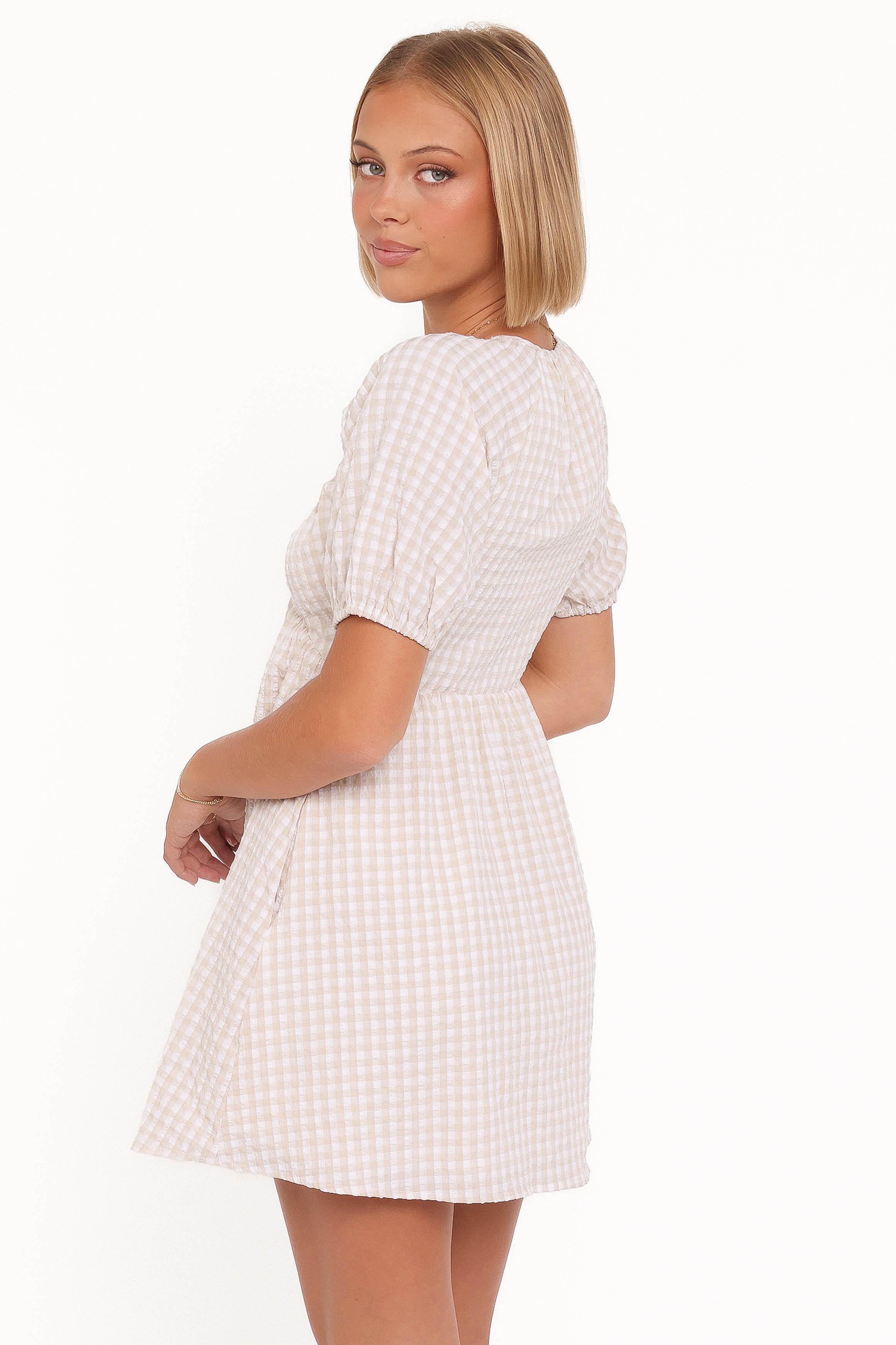 Petal and Pup USA DRESSES Cadhla Mini Dress - Beige Gingham