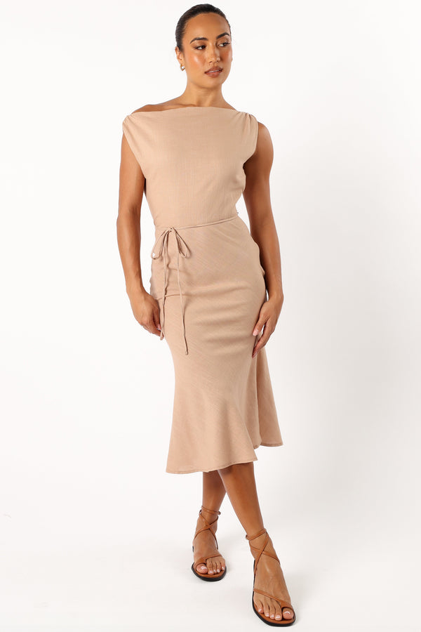 Petal and Pup USA DRESSES Calista One Shoulder Midi Dress - Sand