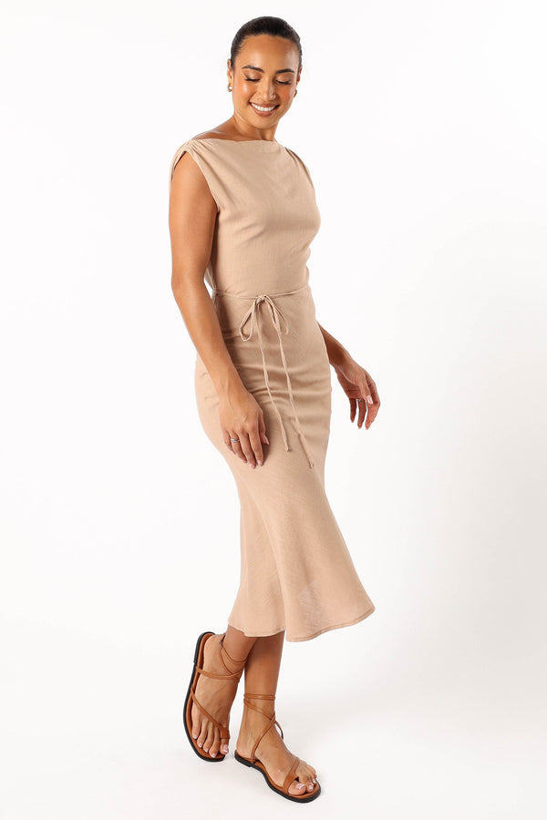 Petal and Pup USA DRESSES Calista One Shoulder Midi Dress - Sand