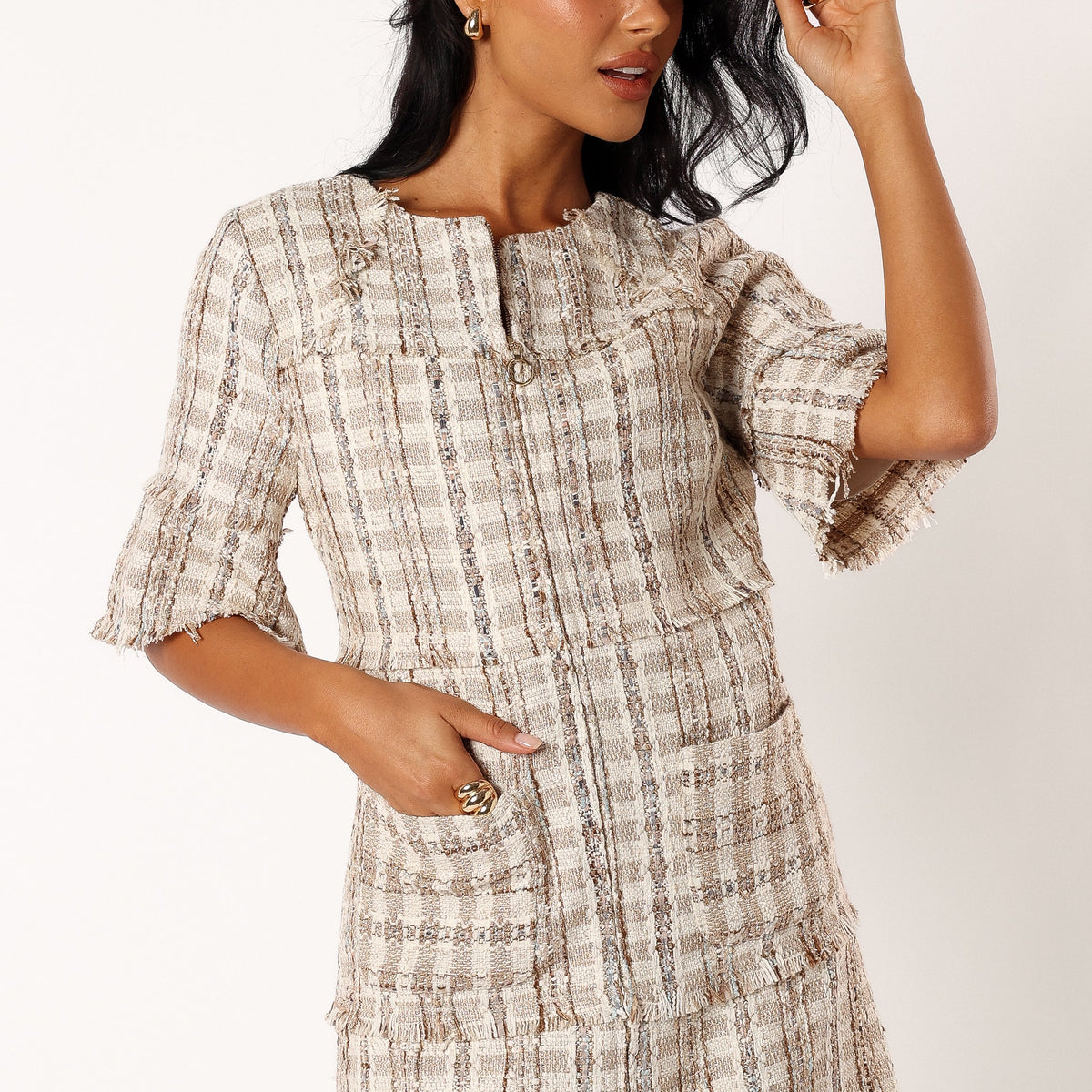 cream tweed flare mini dress Heiress Beverly Hills Cream Tweed Flare Mini Dress,