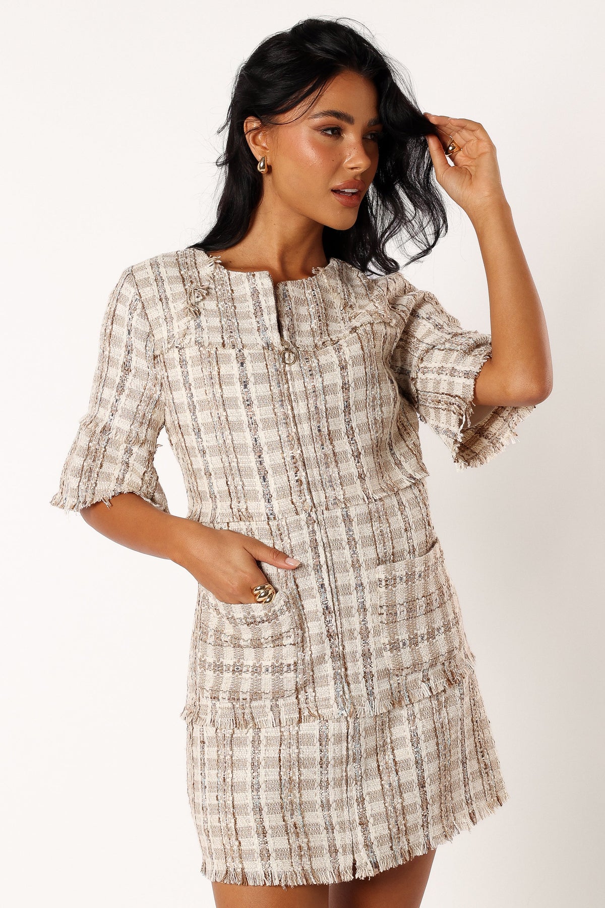cream tweed & pearl petra mini dress Tuckernuck Cream Tweed & Pearl Petra Mini Dress. Size XS. Rent for $30
