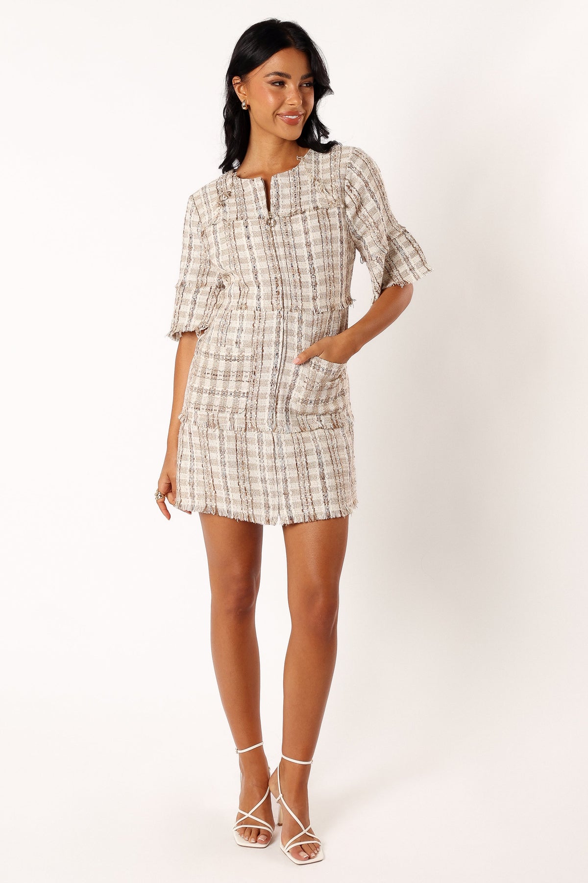 cream tweed flare mini dress Calloway Mini Dress