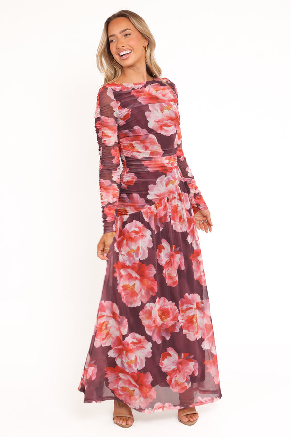 Petal and Pup USA DRESSES Calypso Long Sleeve Maxi Dress - Burgundy Peony