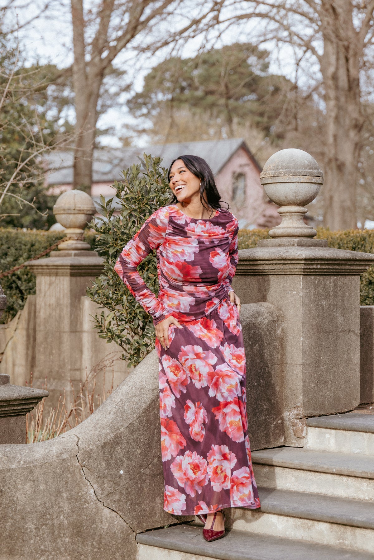 Petal and Pup Women's Calypso Long Sleeve Maxi Dress - Burgundy Peony