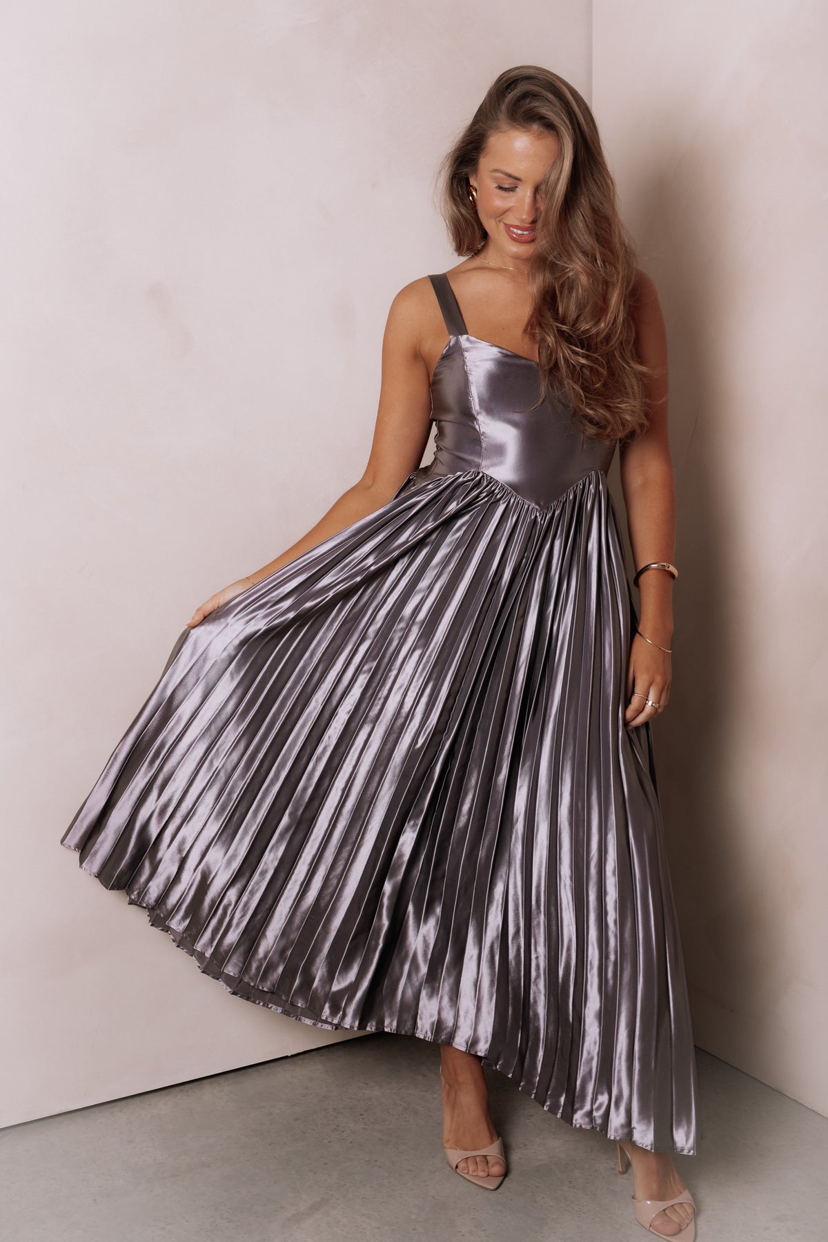 evening dress of gunmetal grey silk faille Simple A-Line Satin Brown Long Prom Dress, Brown Long Formal Dress US 4 / Brown