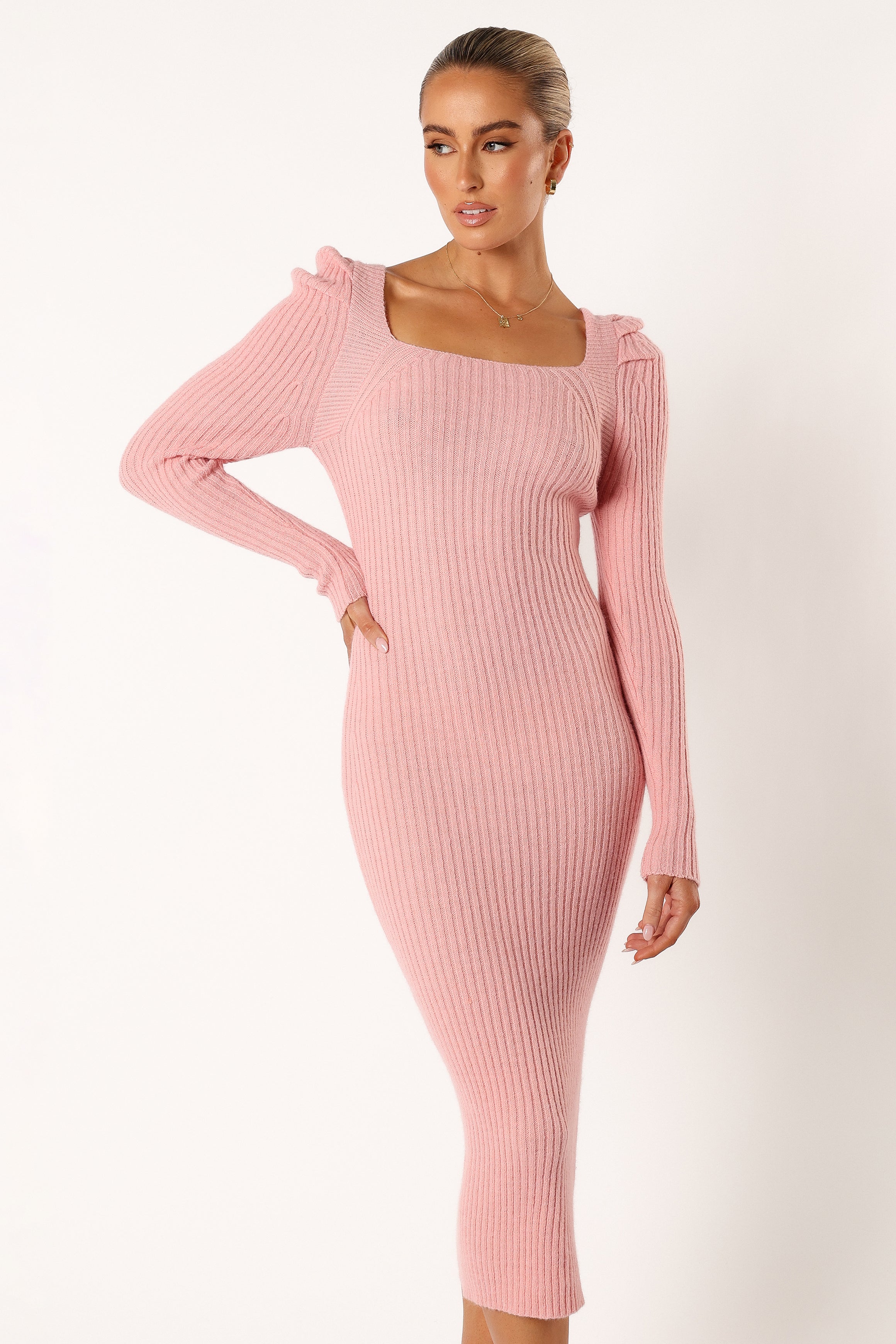 Camryn Puff Sleeve Knit Sweater Midi Dress Blush