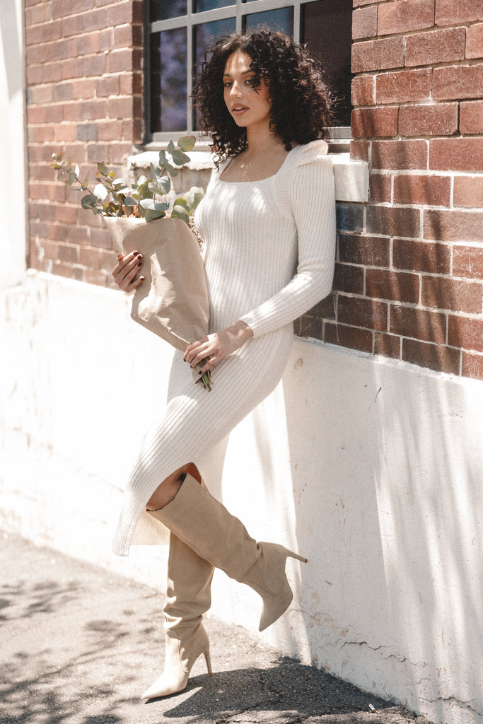 Camryn Puff Sleeve Knit Sweater Midi Dress - Ivory