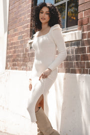 Camryn Puff Sleeve Knit Sweater Midi Dress   Ivory   Petal & Pup USA