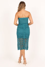 Petal and Pup USA DRESSES Candice Strapless Lace Midi Dress - Teal