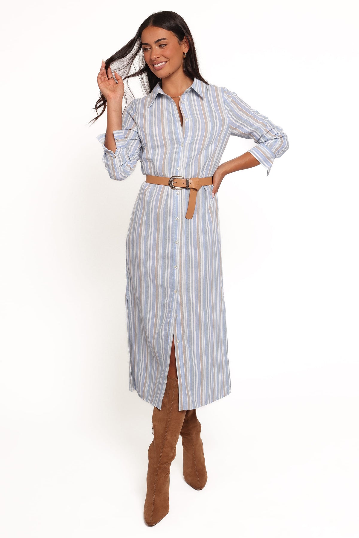 button down maxi dress with sleeves Caprice Long Sleeve Button Down Maxi Dress - Blue Stripe
